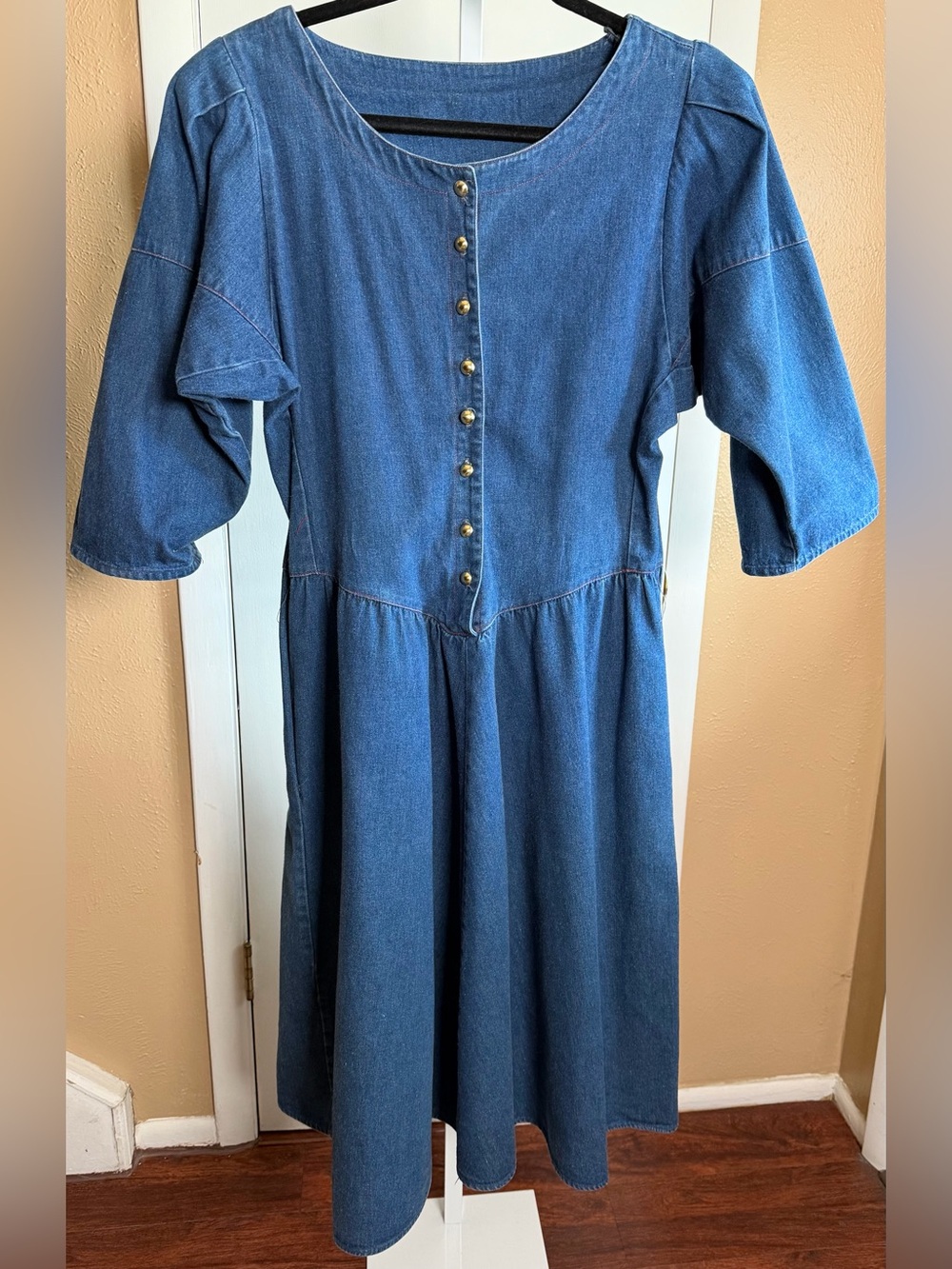 Vintage Denim Midi Dress Gold Buttons Red Stitching Puff Sleeve